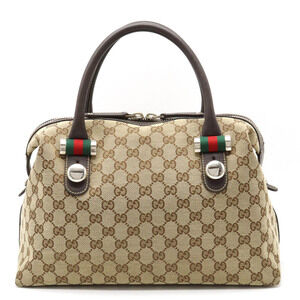 Gucci GG Canvas Sherry Shoulder Bag Boston Bag Leather Beige Cream Brown